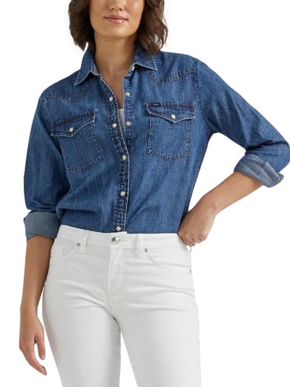 Lee Regular Fit Denim Western Pearl Snap Shirt Jean Chambray Blue Womens L
